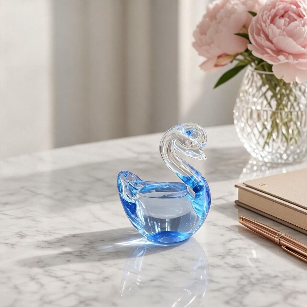 Vintage Murano Style Blue Blown Glass Swan Figurine Paperweight 3"